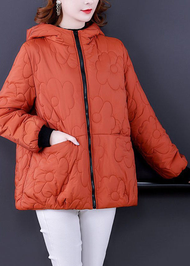 Plus Size Orange Hooded Zippered Fine Cotton Filled Winter Coats - Down Jackets - DYAVOR®