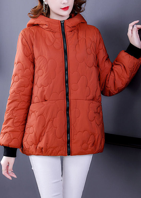 Plus Size Orange Hooded Zippered Fine Cotton Filled Winter Coats - Down Jackets - DYAVOR®