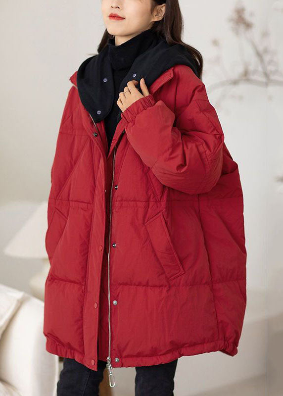 Plus Size Red Hooded Patchwork Duck Down Puffers Jackets Winter - Down Jackets - DYAVOR®