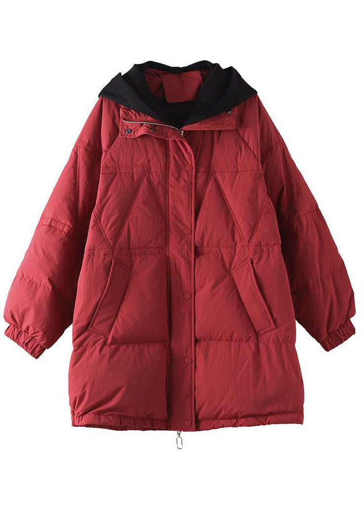 Plus Size Red Hooded Patchwork Duck Down Puffers Jackets Winter - Down Jackets - DYAVOR®