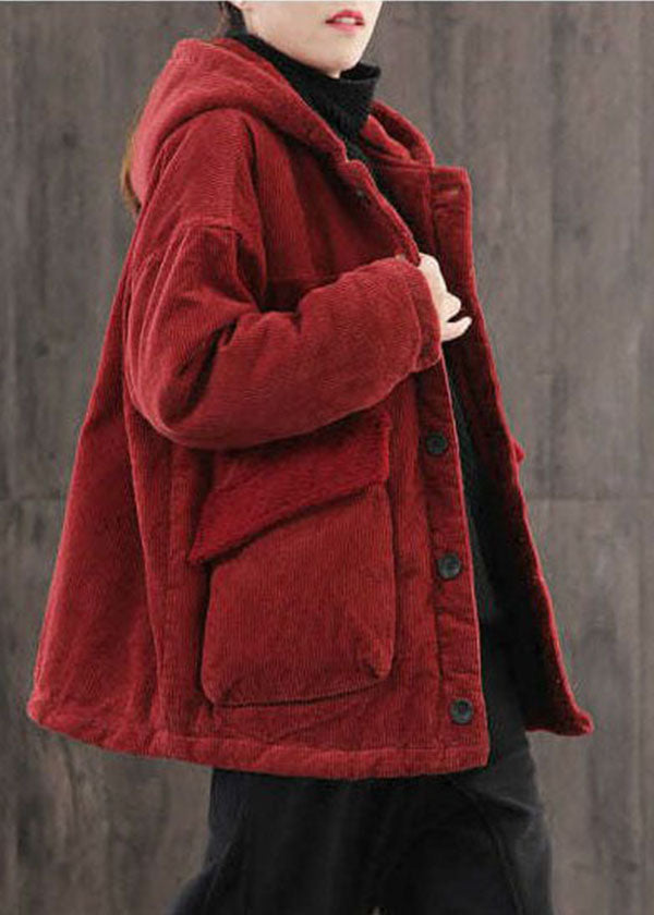 Plus Size Red Hooded Pockets Fine Cotton Filled Corduroy Parka Jacket Winter - Down Jackets - DYAVOR®