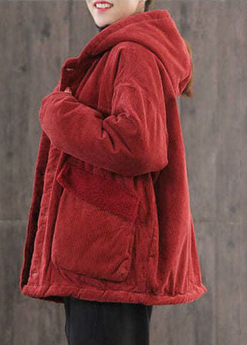 Plus Size Red Hooded Pockets Fine Cotton Filled Corduroy Parka Jacket Winter - Down Jackets - DYAVOR®