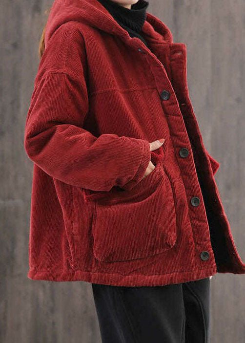 Plus Size Red Hooded Pockets Fine Cotton Filled Corduroy Parka Jacket Winter - Down Jackets - DYAVOR®