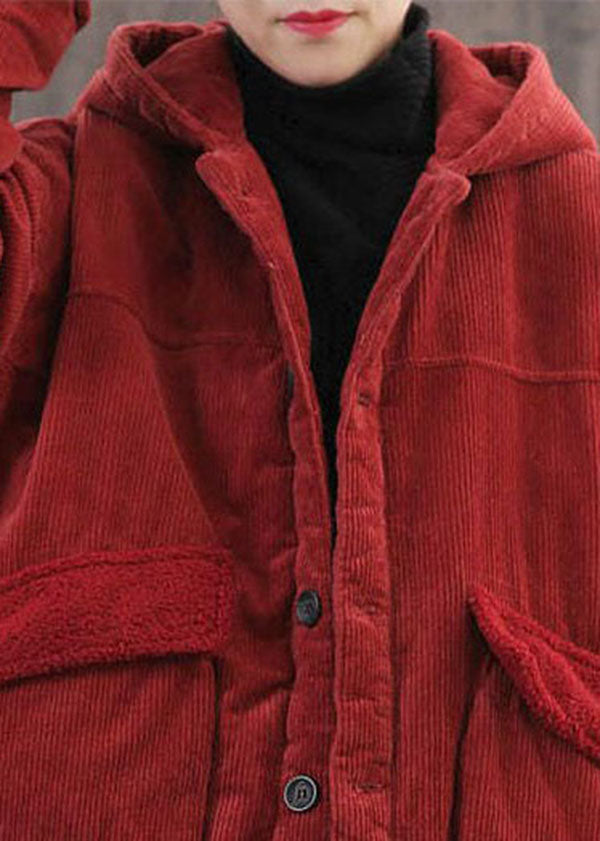 Plus Size Red Hooded Pockets Fine Cotton Filled Corduroy Parka Jacket Winter - Down Jackets - DYAVOR®