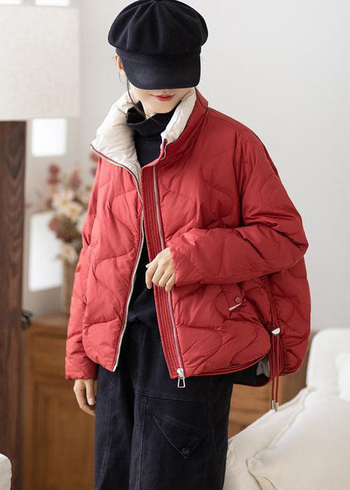 Plus Size Red Stand Collar Zip Up Drawstring Duck Down Down Jacket Winter - Down Jackets - DYAVOR®