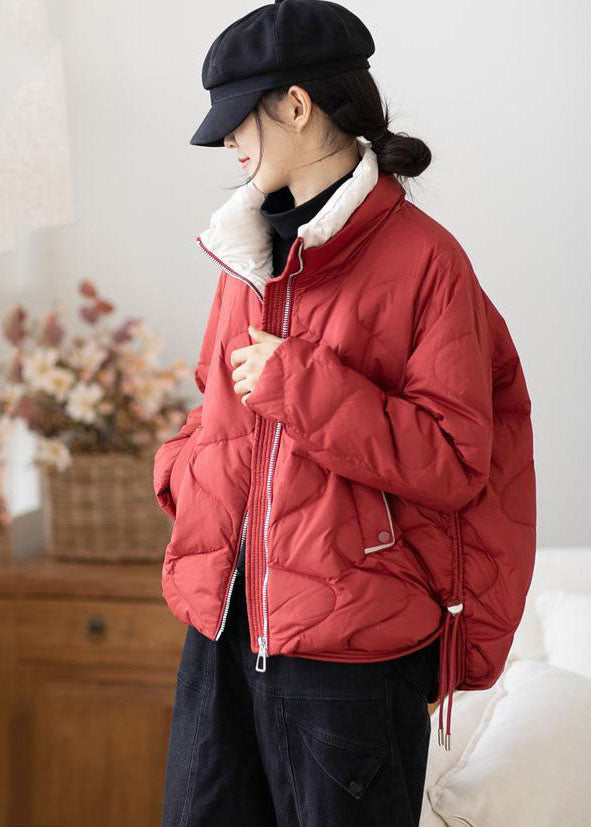 Plus Size Red Stand Collar Zip Up Drawstring Duck Down Down Jacket Winter - Down Jackets - DYAVOR®