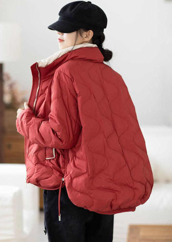 Plus Size Red Stand Collar Zip Up Drawstring Duck Down Down Jacket Winter - Down Jackets - DYAVOR®