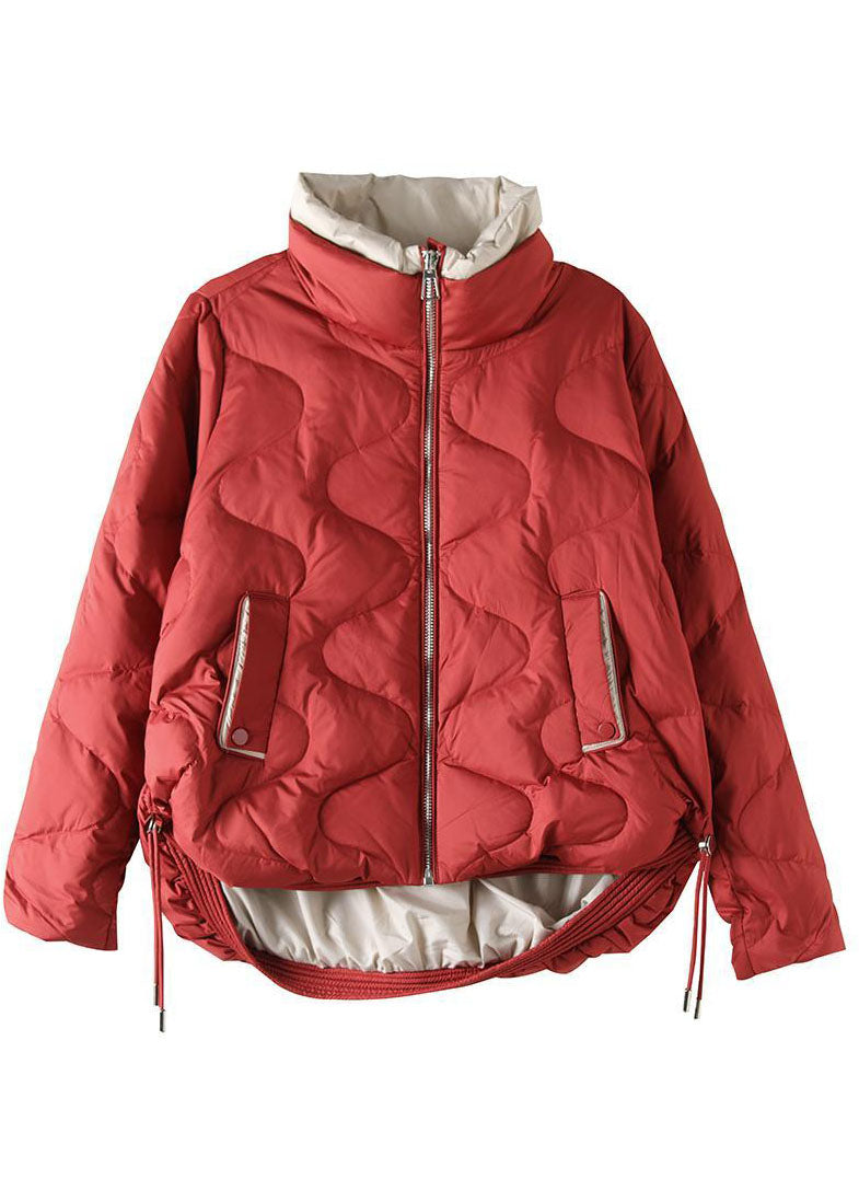 Plus Size Red Stand Collar Zip Up Drawstring Duck Down Down Jacket Winter - Down Jackets - DYAVOR®