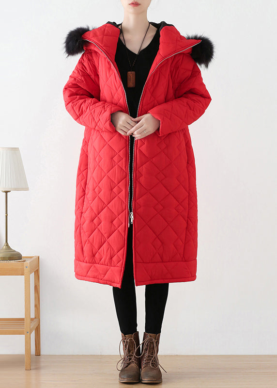 Plus Size Red Zippered Thick Hooded Long Parka Winter - Down Jackets - DYAVOR®