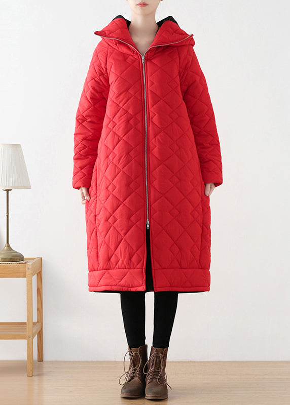 Plus Size Red Zippered Thick Hooded Long Parka Winter - Down Jackets - DYAVOR®
