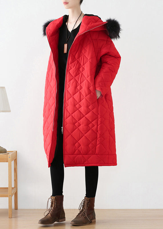 Plus Size Red Zippered Thick Hooded Long Parka Winter - Down Jackets - DYAVOR®