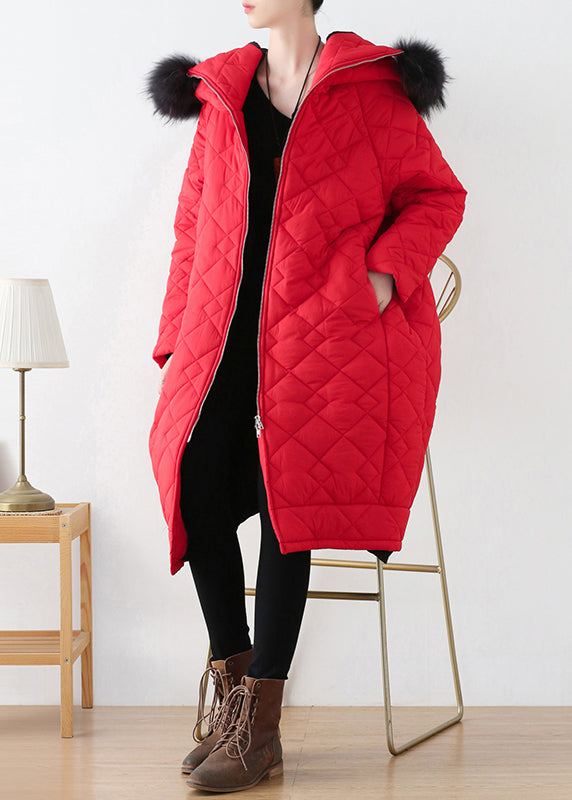 Plus Size Red Zippered Thick Hooded Long Parka Winter - Down Jackets - DYAVOR®