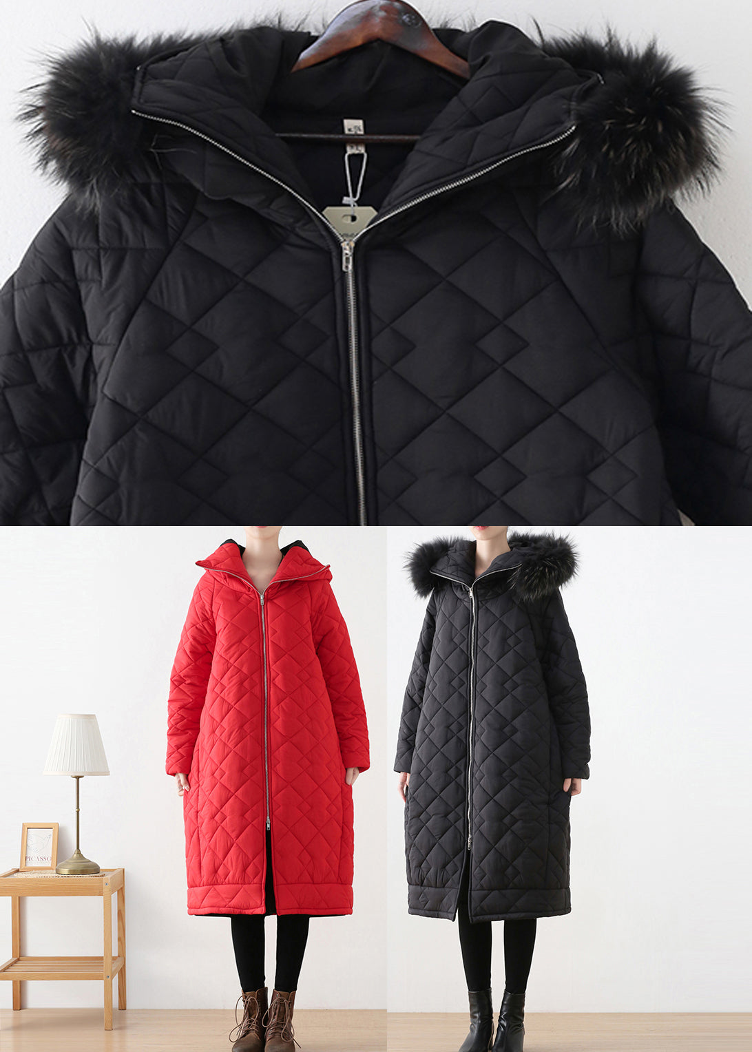 Plus Size Red Zippered Thick Hooded Long Parka Winter - Down Jackets - DYAVOR®