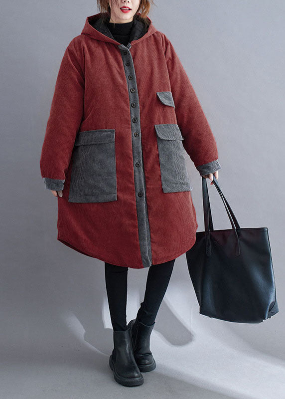 Plus Size Red hooded Button Corduroy Winter Cotton Long Coat sleeve - Down Jackets - DYAVOR®