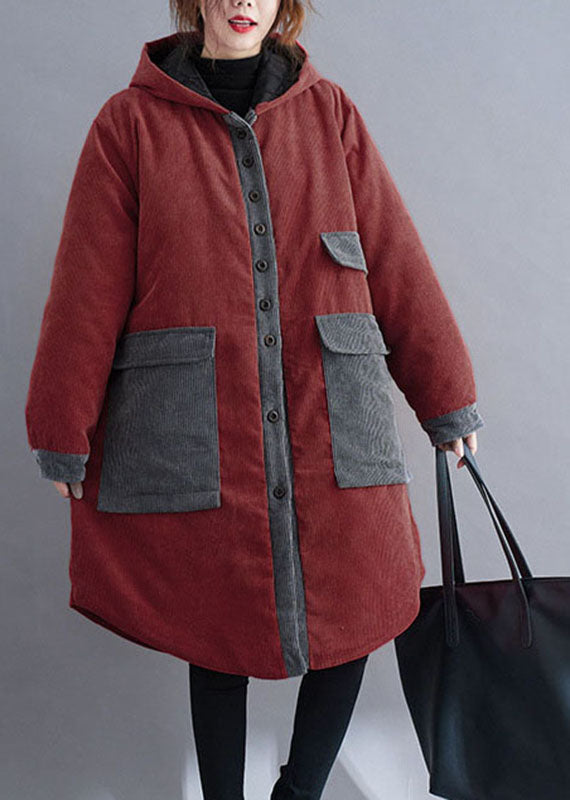Plus Size Red hooded Button Corduroy Winter Cotton Long Coat sleeve - Down Jackets - DYAVOR®