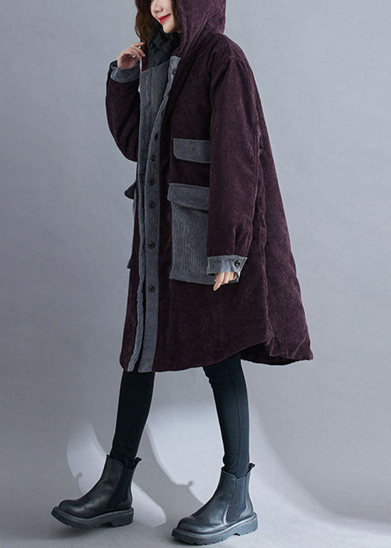 Plus Size Red hooded Button Corduroy Winter Cotton Long Coat sleeve - Down Jackets - DYAVOR®