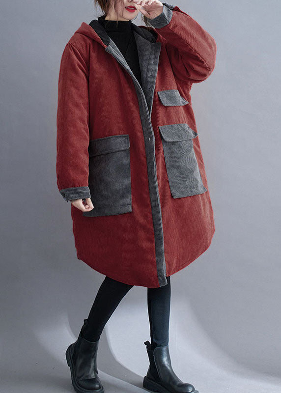 Plus Size Red hooded Button Corduroy Winter Cotton Long Coat sleeve - Down Jackets - DYAVOR®