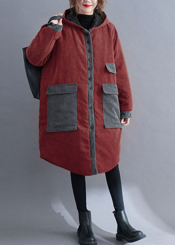 Plus Size Red hooded Button Corduroy Winter Cotton Long Coat sleeve - Down Jackets - DYAVOR®
