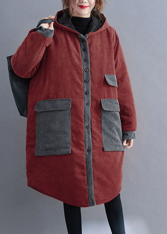 Plus Size Red hooded Button Corduroy Winter Cotton Long Coat sleeve - Down Jackets - DYAVOR®