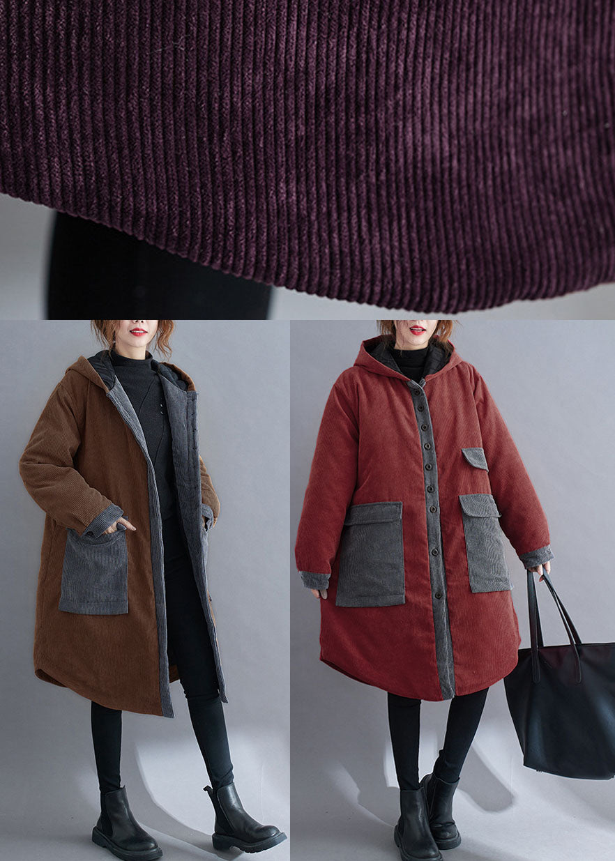 Plus Size Red hooded Button Corduroy Winter Cotton Long Coat sleeve - Down Jackets - DYAVOR®