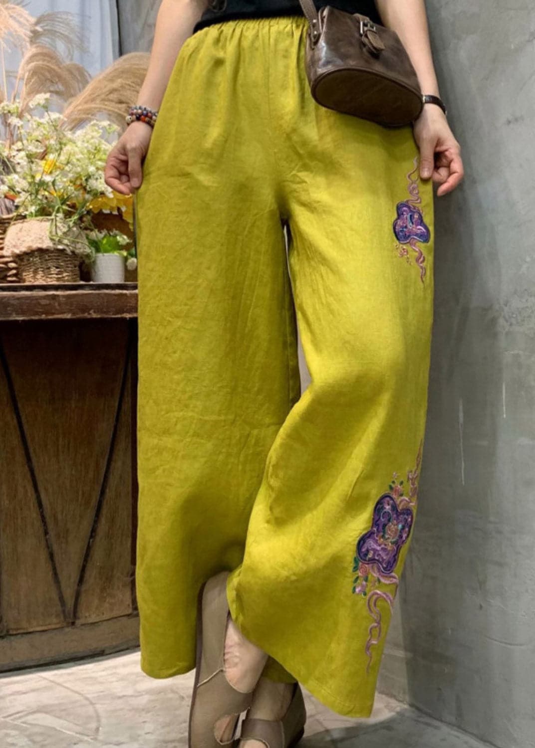 Plus Size Yellow Embroideried Linen Wide Leg Pants Summer - Pants - DYAVOR®