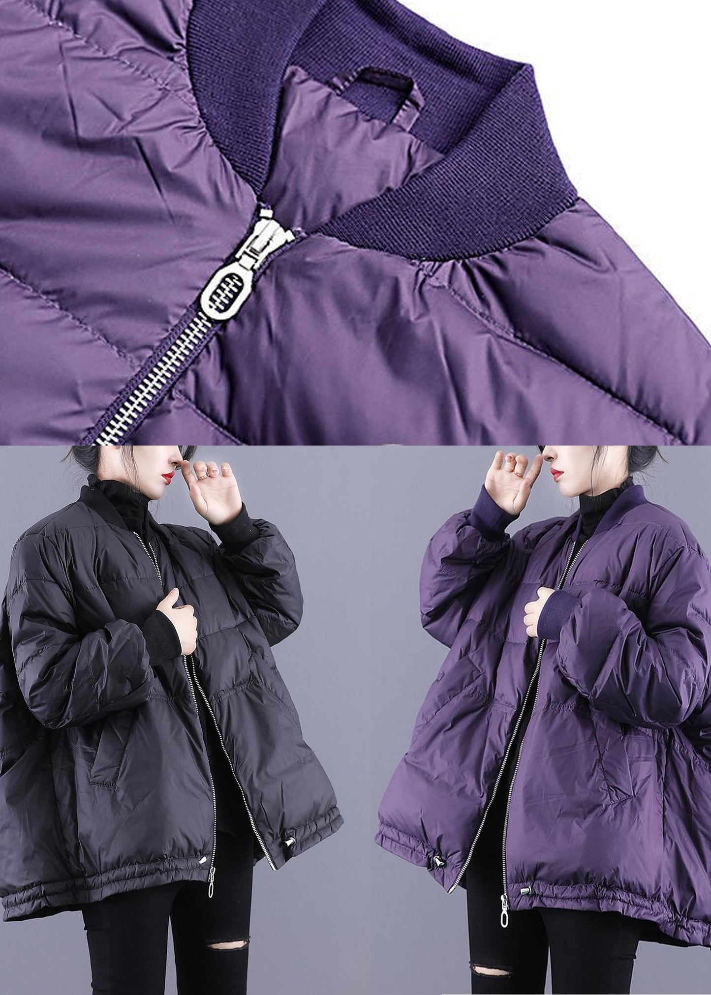 Purple Fine Cotton Filled Puffer Jacket Zip Up Drawstring Winter - Down Jackets - DYAVOR®