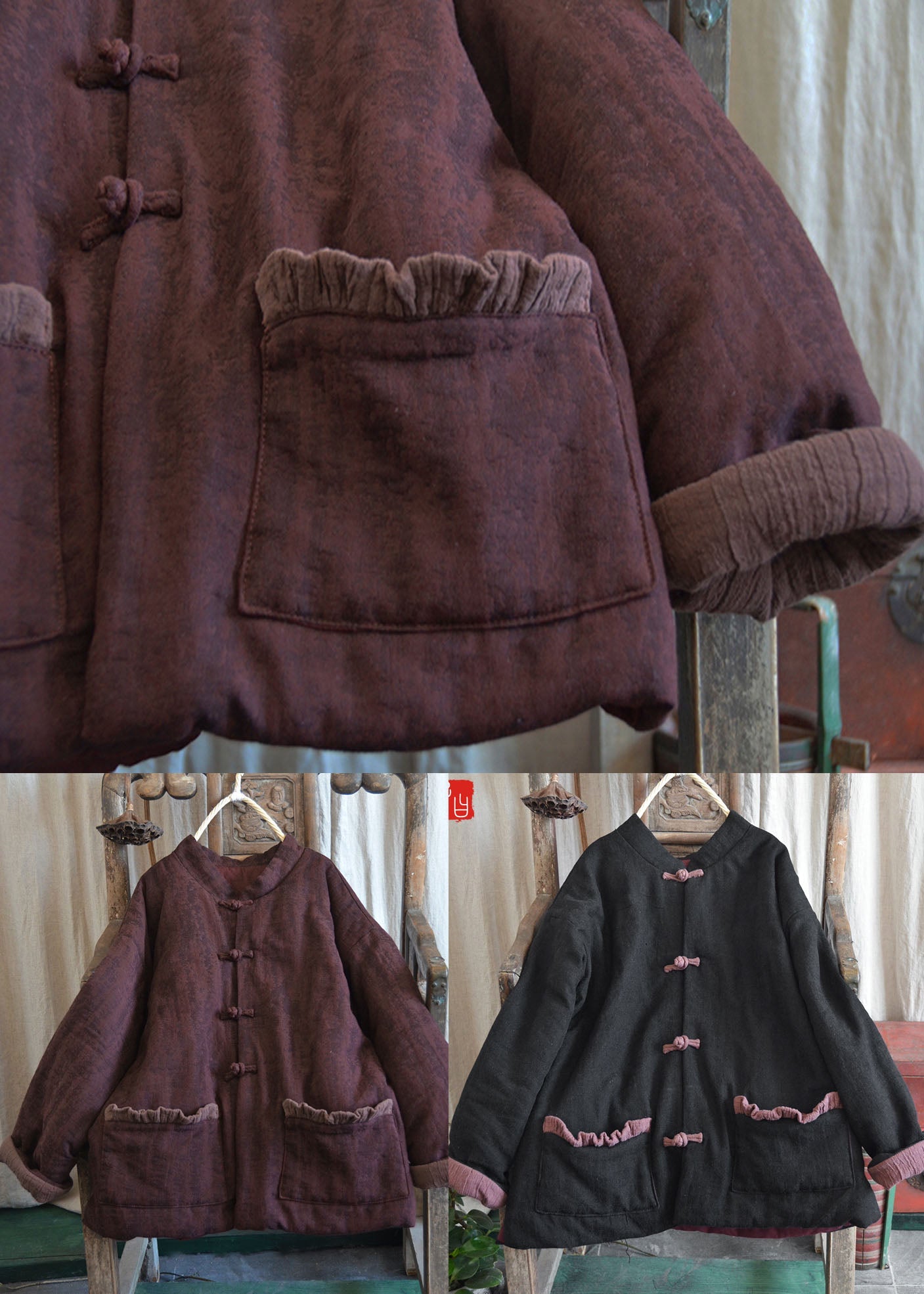 Purple Red Pockets Fine Cotton Filled Winter coats - Down Jackets - DYAVOR®