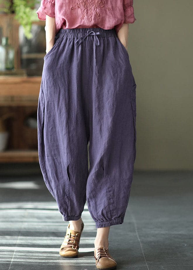 Purple Solid Linen Beam Pants Elastic Waist Wrinkled Summer - Crop Pants - DYAVOR®