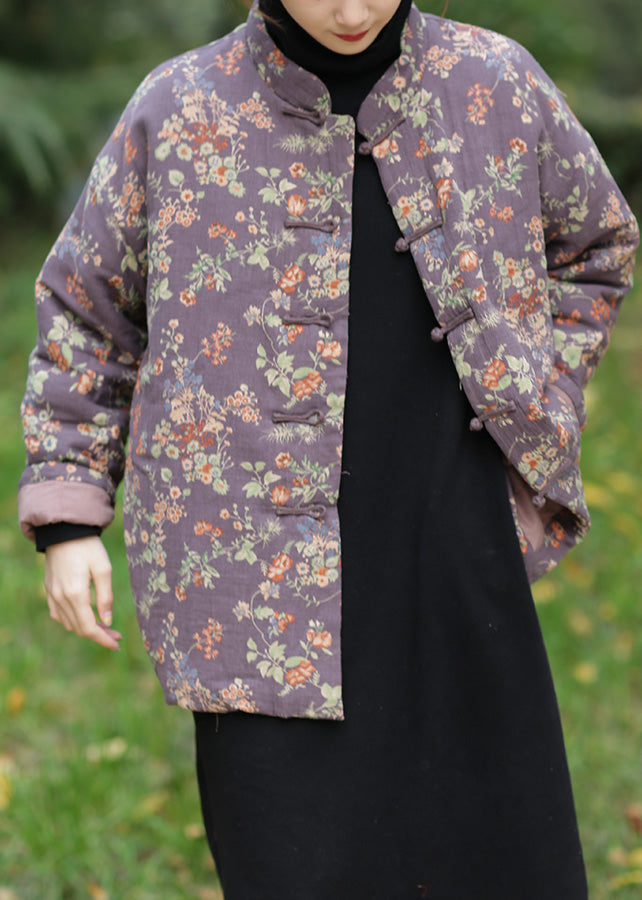 Purple Stand Collar Button Warm Fleece Parka Winter - Down Jackets - DYAVOR®