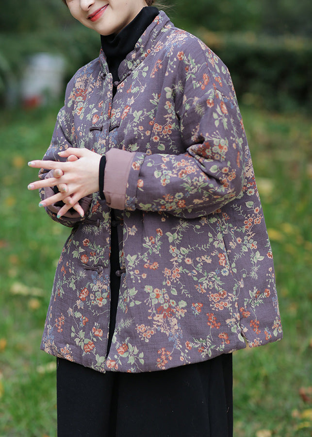 Purple Stand Collar Button Warm Fleece Parka Winter - Down Jackets - DYAVOR®