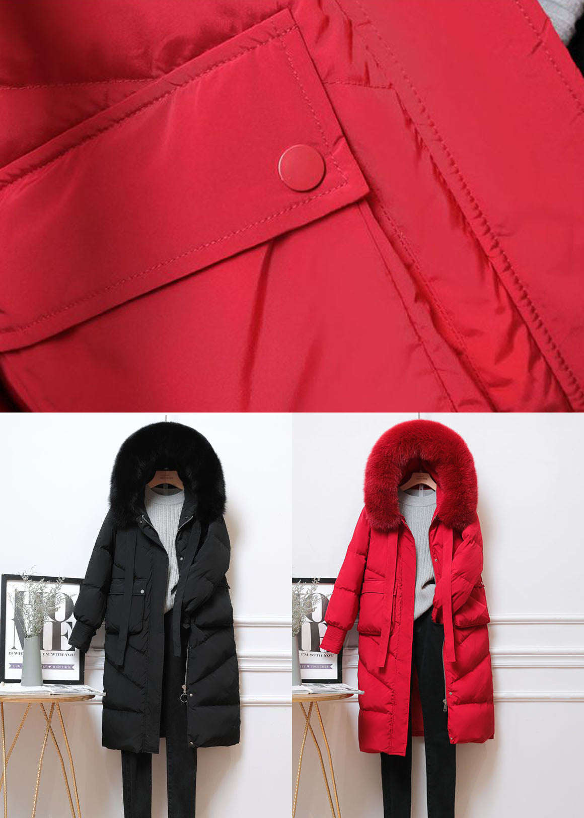 Red Bow Duck Down Puffer Coats Rabbit Hair Collar Pockets Winter - Down Jackets - DYAVOR®
