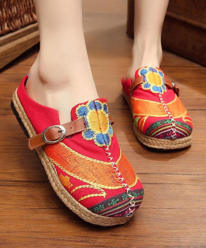 Red Cotton Linen Embroideried Fabric Vintage Buckle Strap Thong Sandals - Slide Sandals - DYAVOR®