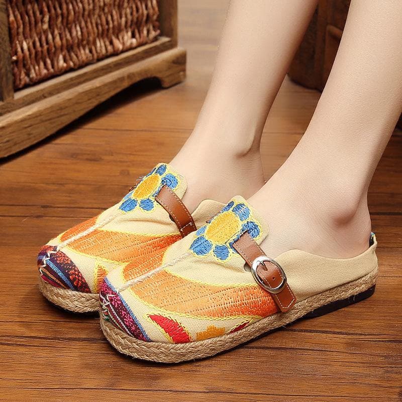 Red Cotton Linen Embroideried Fabric Vintage Buckle Strap Thong Sandals - Slide Sandals - DYAVOR®