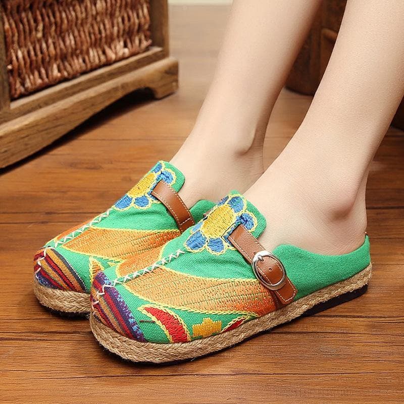 Red Cotton Linen Embroideried Fabric Vintage Buckle Strap Thong Sandals - Slide Sandals - DYAVOR®