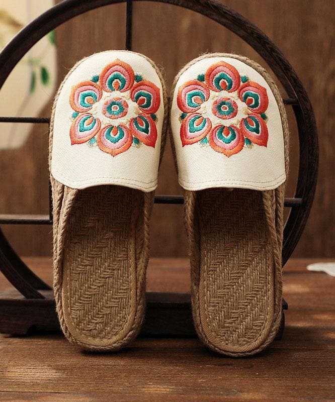 Red Embroideried Cotton Linen Fabric Slippers Shoes - Slide Sandals - DYAVOR®