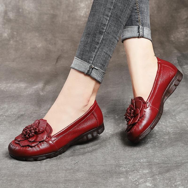 Red Floral Cowhide Leather Flat Shoes For Women Flat - Flats Shoes - DYAVOR®