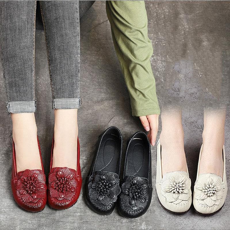 Red Floral Cowhide Leather Flat Shoes For Women Flat - Flats Shoes - DYAVOR®