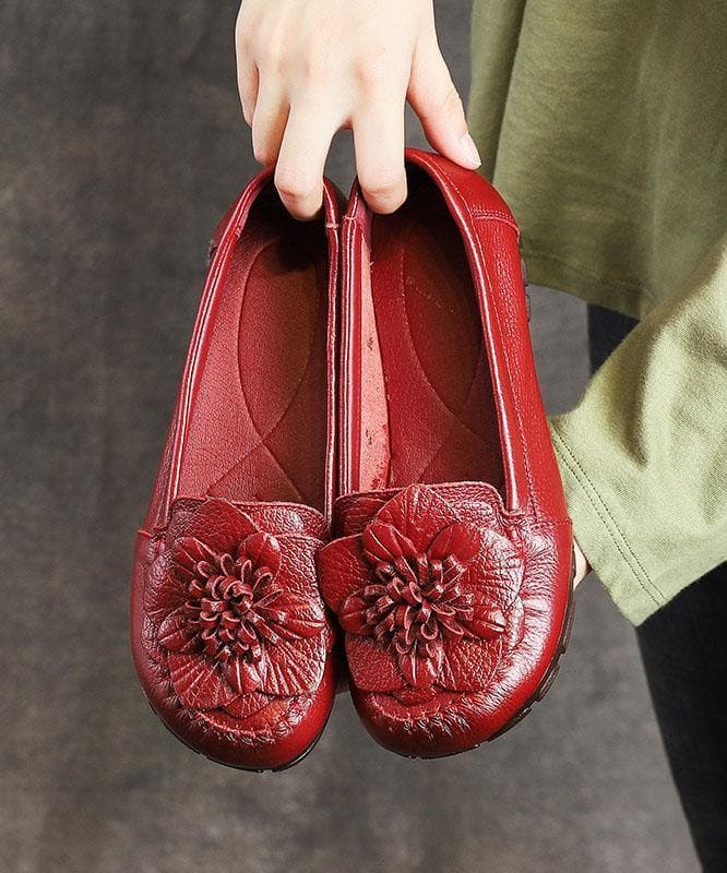 Red Floral Cowhide Leather Flat Shoes For Women Flat - Flats Shoes - DYAVOR®