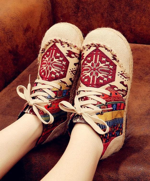 Red Jacquard Cotton Linen Fabric For Women Splicing Flat Feet Shoes - Flats Shoes - DYAVOR®