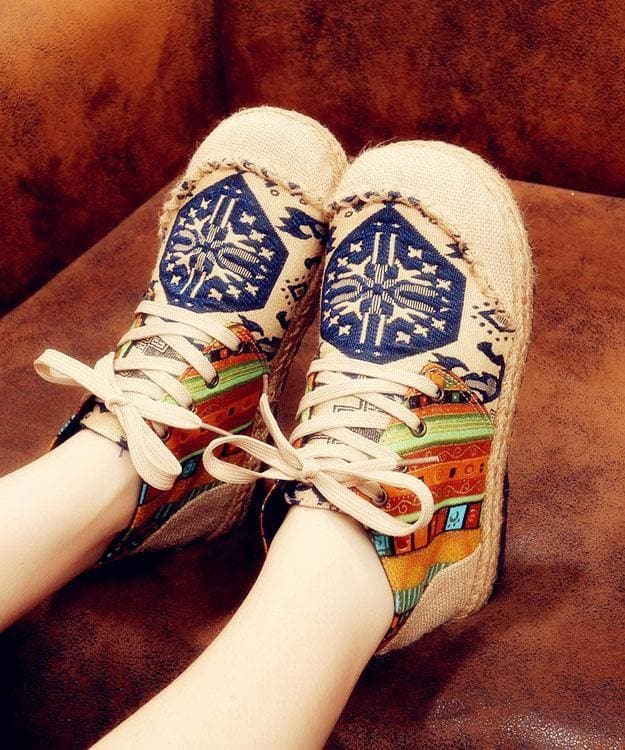 Red Jacquard Cotton Linen Fabric For Women Splicing Flat Feet Shoes - Flats Shoes - DYAVOR®