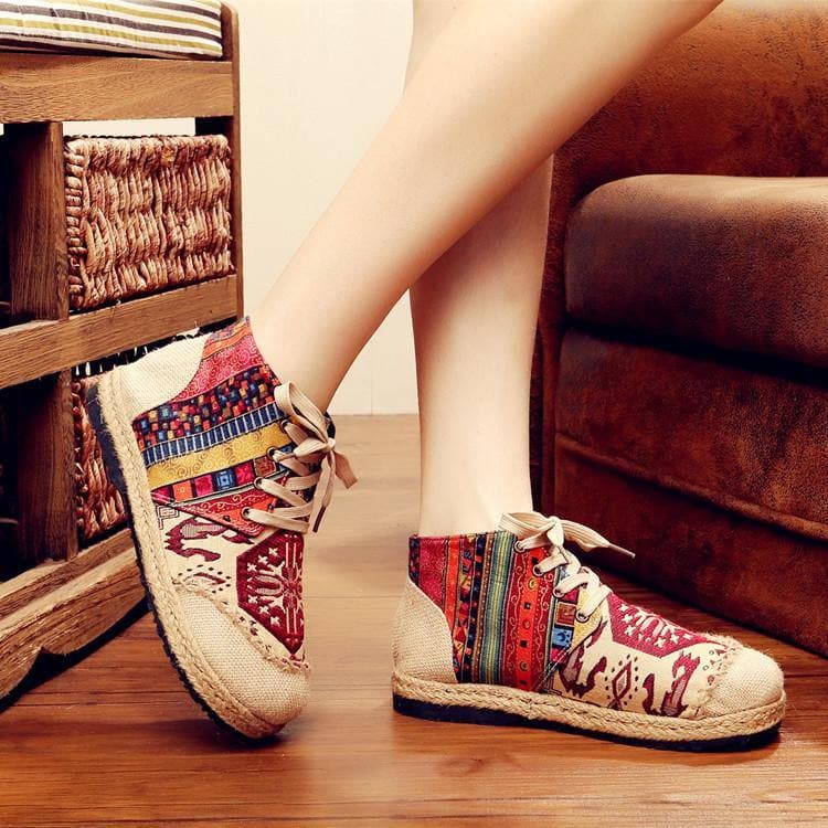 Red Jacquard Cotton Linen Fabric For Women Splicing Flat Feet Shoes - Flats Shoes - DYAVOR®