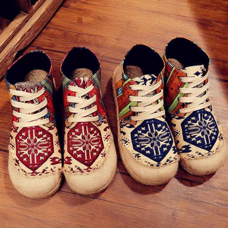 Red Jacquard Cotton Linen Fabric For Women Splicing Flat Feet Shoes - Flats Shoes - DYAVOR®