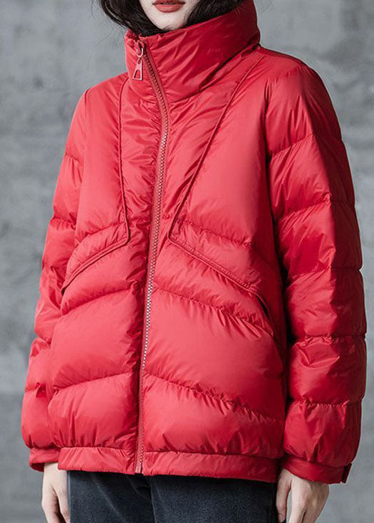 Red Loose Duck Down Puffers Jackets Stand Collar Zip Up Winter - Down Jackets - DYAVOR®