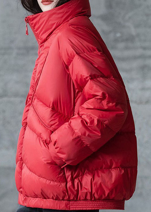 Red Loose Duck Down Puffers Jackets Stand Collar Zip Up Winter - Down Jackets - DYAVOR®