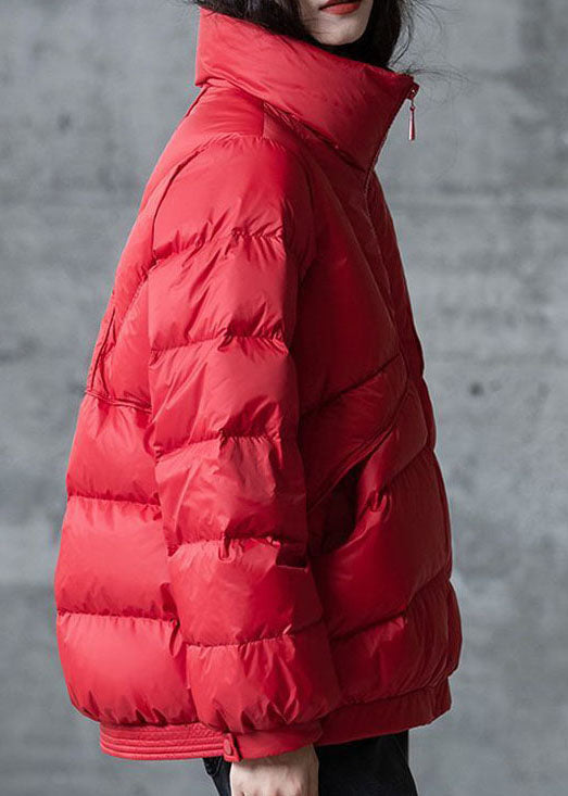 Red Loose Duck Down Puffers Jackets Stand Collar Zip Up Winter - Down Jackets - DYAVOR®