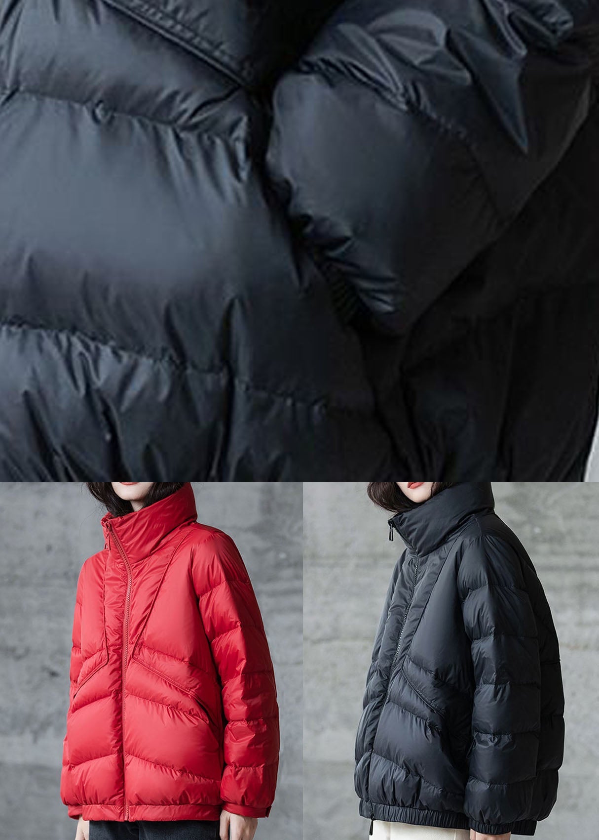 Red Loose Duck Down Puffers Jackets Stand Collar Zip Up Winter - Down Jackets - DYAVOR®