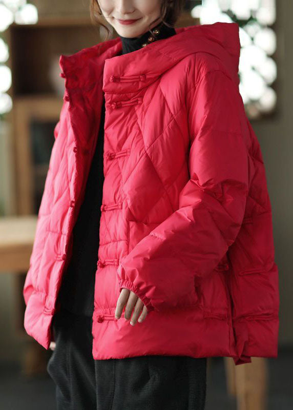 Red Oriental Button Fine Cotton Filled Parkas Oversized Thick Winter - Down Jackets - DYAVOR®