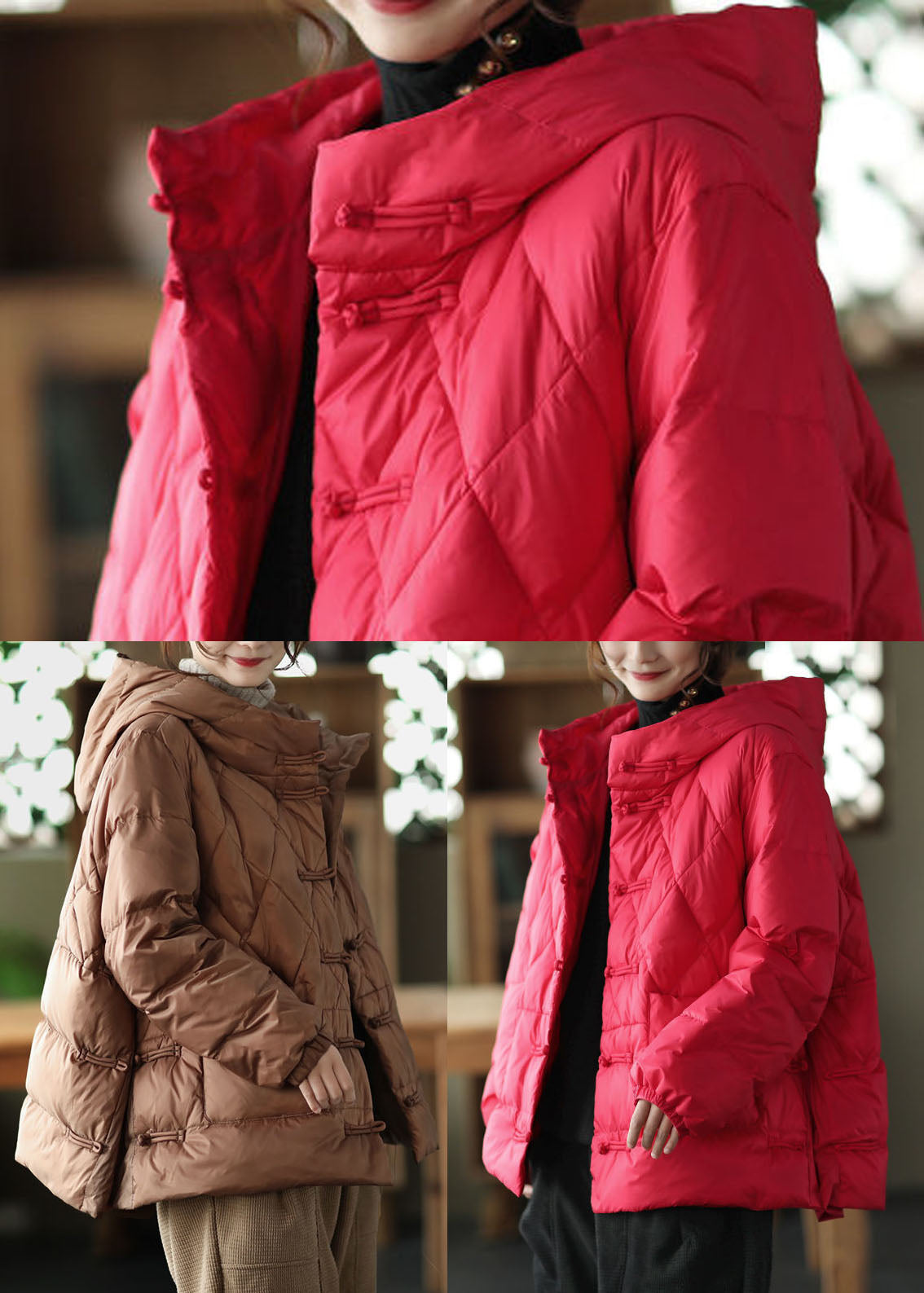Red Oriental Button Fine Cotton Filled Parkas Oversized Thick Winter - Down Jackets - DYAVOR®