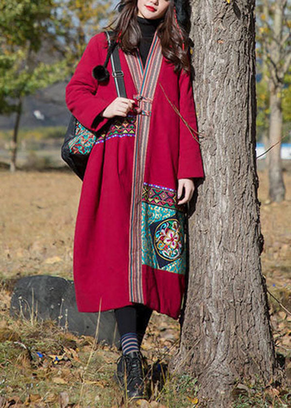 Red Patchwork Applique Fine Cotton Filled Long Coats Embroideried Oriental Button Winter - Down Jackets - DYAVOR®