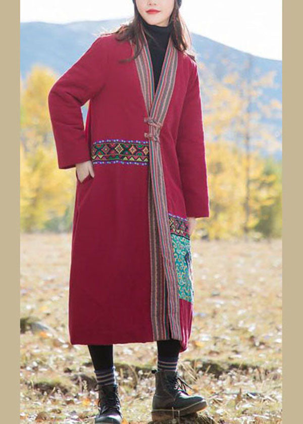 Red Patchwork Applique Fine Cotton Filled Long Coats Embroideried Oriental Button Winter - Down Jackets - DYAVOR®